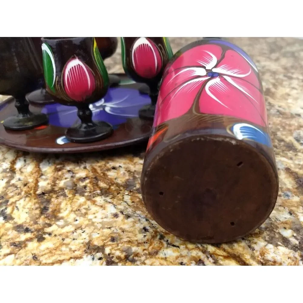 VTG Turned Wood Decanter Set w/ 6 Goblet Shot Glasses & Tray Hand Painted Floral
